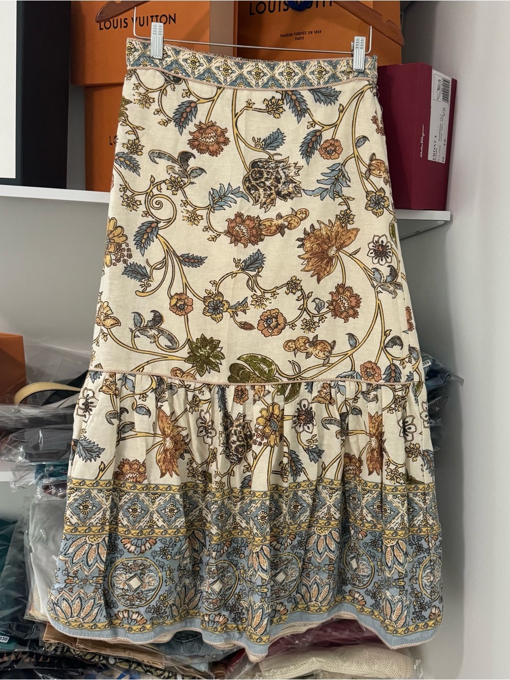 House of Harlow 1960 Floral Tiered Maxi Skirt in Cream, Blue, Brown